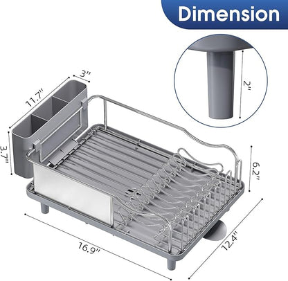 Urackify Stainless Steel Dish Drying Rack - Large Capacity Kitchen Counter Organizer with Drain Board, Utensil Holder & Detachable Cup Shelf, 304 Surgical-Grade Rust-Proof Dish Drainer, Easy Assembly