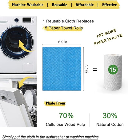 MoLKENE Swedish Dishcloths - 10 Pack Reusable Kitchen Dishcloths - Ultra Absorbent Dish Towels for Washing Dishes - Cellulose Sponge Cloth Cleaning Cloths - Blue