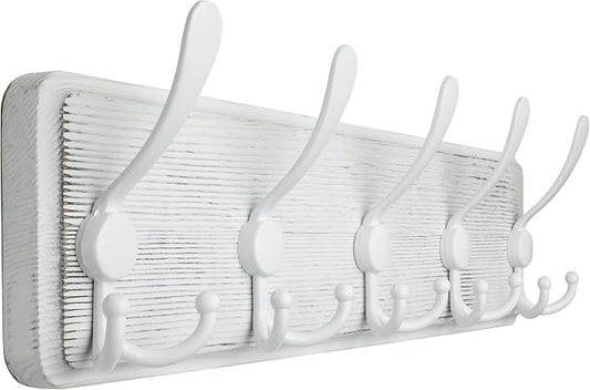 WEBI Coat Rack Wall Mount,5 Triple Hooks for Hanging Coats,16" Hole to Hole,Coat Hooks Wall Mounted,Coat Hanger Wall Hook Rack Rail for Clothes,Jacket,Farmhouse,White