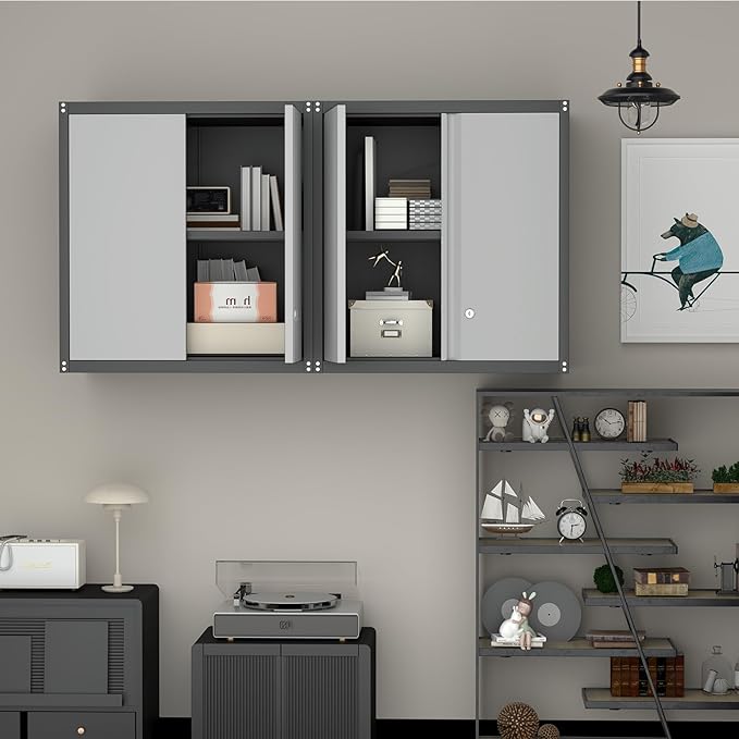 Garage Storage Cabinet,Garage Cabinets with 2 Doors.Locking Wall Cabinet with Adjustable Shelf,Wall Cabinets for Basement,Shop,School,Grey-Black