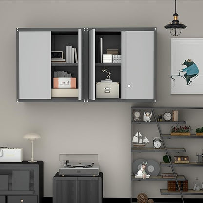 Garage Storage Cabinet,Garage Cabinets with 2 Doors.Locking Wall Cabinet with Adjustable Shelf,Wall Cabinets for Basement,Shop,School,Grey-Black