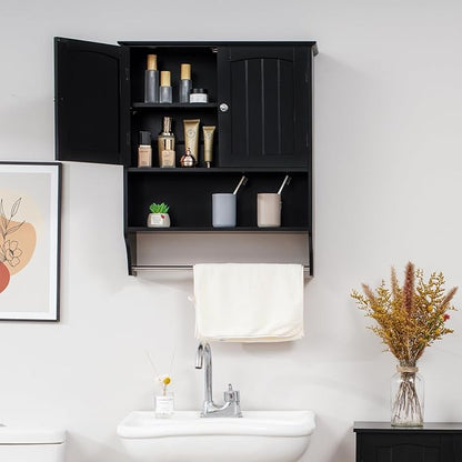 Iwell Bathroom Cabinet Wall Mounted with Adjustable Shelf & Towel Rack, Over The Toilet Storage Cabinet, Medicine Cabinet for Bathroom, Laundry Room, Black