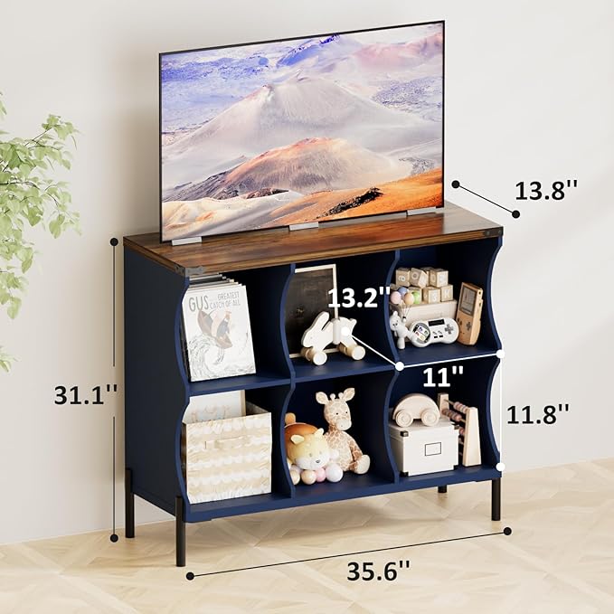 6 Cube Book Shelf, Low and Short Bookshelf, Long Cube Storage Organizer Wood TV Stand, Toy Organization DVD Cabinets for Living Room, Office, Bedroom, Dorm, Blue with Natural Top