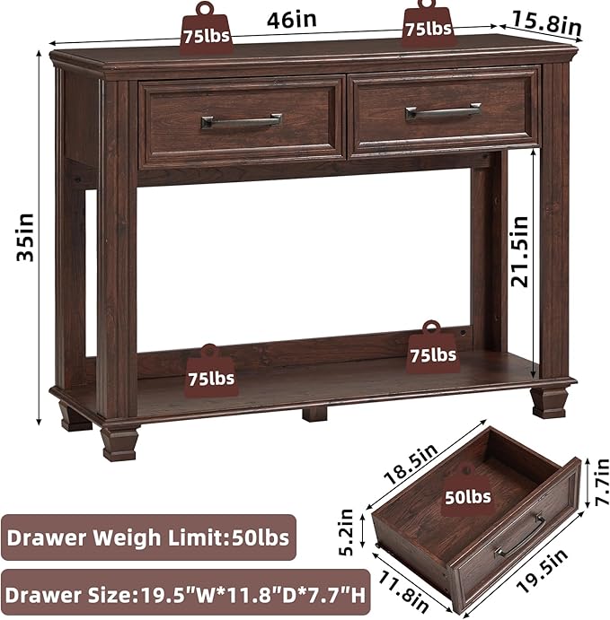Farmhouse 46" Console Table with 2 Drawers, Rustic Wood 2 Tier Entryway Table with Open Storage Shelf for Entry, Large Mid-Century Vintage Sofa Tables Behind Couch for Living Room, Walnut