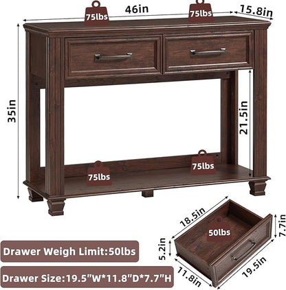 Farmhouse 46" Console Table with 2 Drawers, Rustic Wood 2 Tier Entryway Table with Open Storage Shelf for Entry, Large Mid-Century Vintage Sofa Tables Behind Couch for Living Room, Walnut