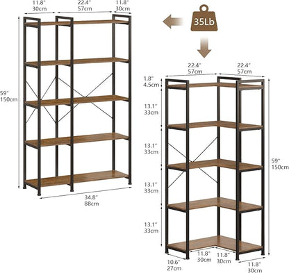 Tohomeor Bookshelf 5 Tier Deformable Corner Bookcase Free Standing Modern Industrial Book Storage Display Book Shelf for Bedroom Living Room Study Room Office (Brown)