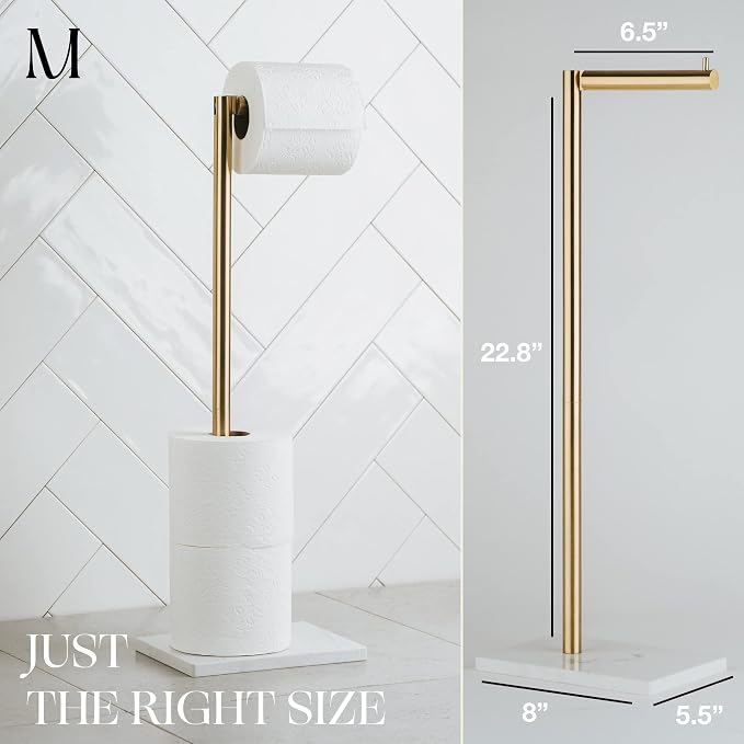 MARMOLUX ACC Free Standing Gold Toilet Paper Holder Stand White Marble Base and Storage | 4 Jumbo Roll Bathroom Hardware Toilet Tissue Organizer | Stainless Steel Bathroom Decor Accessory