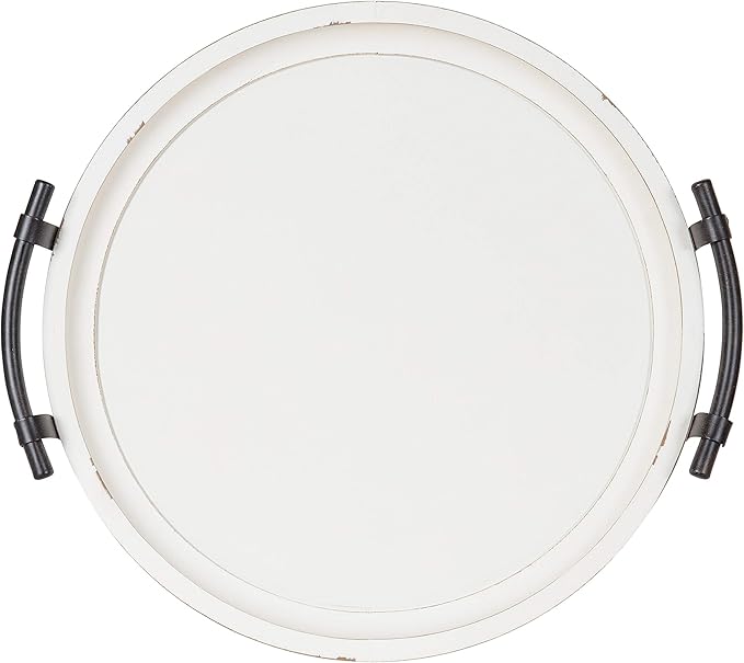 Kate and Laurel Bruillet Farmhouse Round Tray, 15 inch Diameter, Rustic White, Wood Tray for Coffee Table