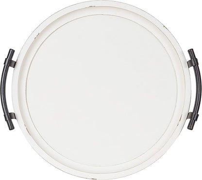 Kate and Laurel Bruillet Farmhouse Round Tray, 15 inch Diameter, Rustic White, Wood Tray for Coffee Table