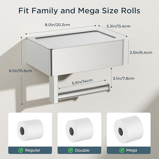 FORIOUS Toilet Paper Holder with Shelf, Sanitary Napkin Receptacle Tampon Holder, Wall Mount Toilet Paper Holder with Storage, Flushable Wipes Dispenser Fits for Bathroom Commercial(Brushed Nickel)