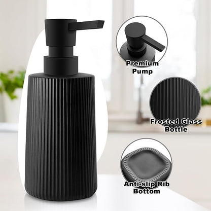 2 Pack Glass Small Soap Dispenser for Bathroom and Kitchen 250ml/8.5oz Dish Soap Dispenser Modern Farmhouse Striped Style Hand Soap Dish Soap Dispenser with Pump (Black)