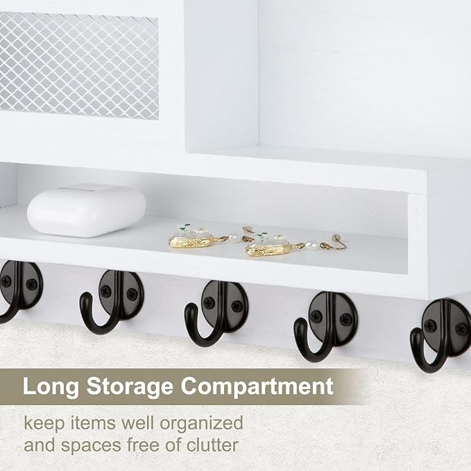 Key Holder for Wall, Mail Organizer Wall Mount with Storage Compartment and 5 key Hooks for Coat, Dog Leash, Stylish Mesh Mail Holder, Home Decor Entry Way Organizer