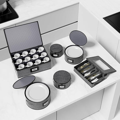 Aokeyee 6-Piece China Storage Containers Set, Hard Shell Moving Boxes for Dishes, Plates, Mugs & Flatware – Dinnerware Organizer with Soft Felt Dividers, Sturdy Handles & Zippers, Grey