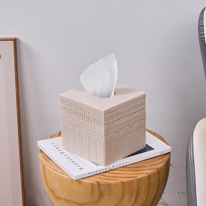 Beige Tissue Box Cover – Modern Resin Cube Holder for Bathroom, Bedroom, Office – Decorative Square Tissue Box for Countertop, Nightstand, Vanity & Desk – Heavy&Sturdy