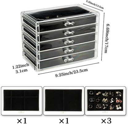 5 Drawers Clear Jewelry Box for Women and Girls, Acrylic Earring Holder Organizer Ring Holder Display Storage, Black