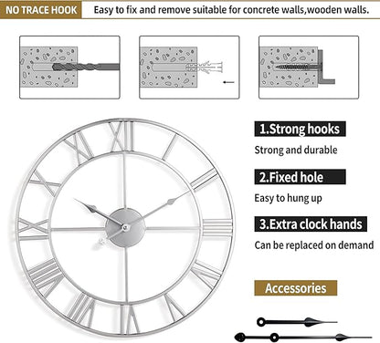 Large Wall Clock - 80cm/ 32 Inches, Silver, Non-Ticking, Battery Operated, Vintage Modern Wall Clock for Living Room, Bedroom, Office, Farmhouse Decor