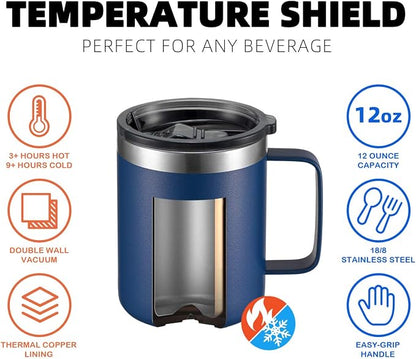 12oz Stainless Steel Insulated Coffee Mug with Handle, Double Wall Vacuum Travel Mug, Tumbler Cup with Sliding Lid, Navy