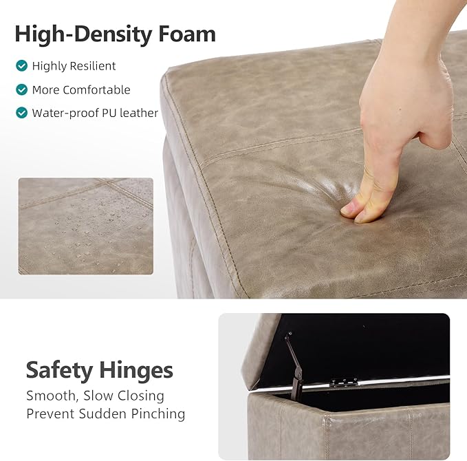 Faux Leather Ottoman with Storage, 41" Storage Bench Foot Rest with Legs, Ottoman Bench Sturdy Wood Frame Supports 660 lbs for Bedroom, Living Room, Entryway, Grey