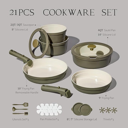 Carote 21pcs Ceramic Cookware Set with Detachable Handles, Pots and Pans Set Non Stick, RV Kitchen Cooking Pot and Pan, Dishwasher Safe, Non-toxic Induction Cookware PFAS and PFOA Free, Green