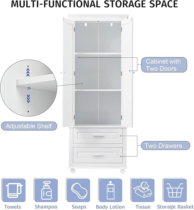 Storage Cabinet, Tall Bathroom Cabinet with Adjustable Shelf | Tall storage cabinet, upper enclosed cabinet and 2 pull-out compartments keep daily essentials organized