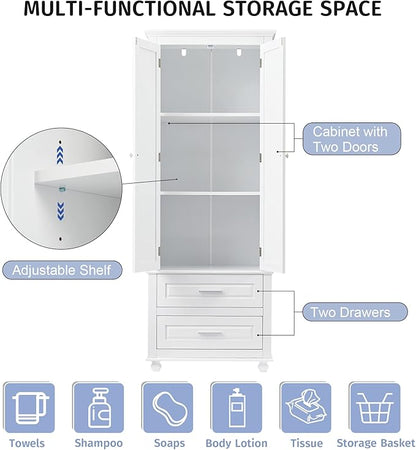 Storage Cabinet, Tall Bathroom Cabinet with Adjustable Shelf | Tall storage cabinet, upper enclosed cabinet and 2 pull-out compartments keep daily essentials organized