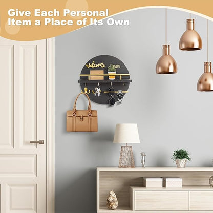 Key Holder for Wall, Key and Mail Holder Organizer with - Key Holder Wall Mount - Round Wooden Rustic Home Decor for Entryway, Mudroom, Hallway, Kitchen Office (Black)