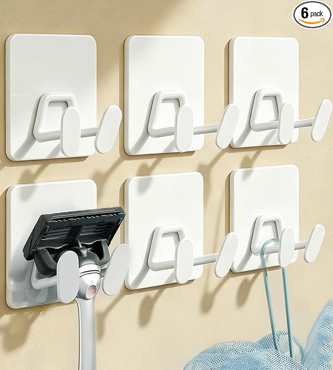 susswiff Adhesive Shower Hooks for Bathroom - Extra Sticky Stainless, Wall Hooks for Hanging Towel, Razor, Loofah, Robe, Coat, Heavy Duty Hanger for Kitchen, Bedroom, Door, Metal, Matt White, 6 Pack