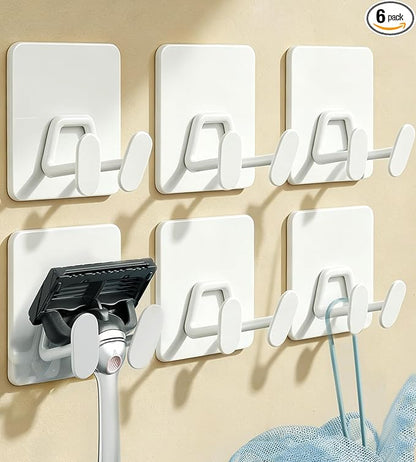 susswiff Adhesive Shower Hooks for Bathroom - Extra Sticky Stainless, Wall Hooks for Hanging Towel, Razor, Loofah, Robe, Coat, Heavy Duty Hanger for Kitchen, Bedroom, Door, Metal, Matt White, 6 Pack