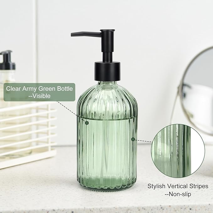 Topsky Glass Soap Dispenser with Black Plastic Pump, 400ml Liquid Hand Soap Dispenser, Rustproof Pump for Kitchen & Bathroom, Great for Lotions, Essential Oil, Liquid Soaps (Army Green)