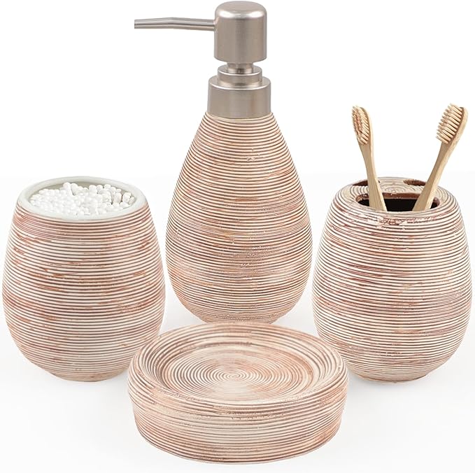 CERBIOR Bathroom Accessories Set,4 Pcs Ceramic Bathroom Decor Accessory,Includes Toothbrush Holder, Toothbrush Cup, Soap Dish for Decorative Countertop and Housewarming Gift(Brown 4pcs)