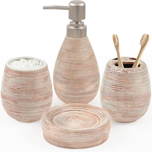 CERBIOR Bathroom Accessories Set,4 Pcs Ceramic Bathroom Decor Accessory,Includes Toothbrush Holder, Toothbrush Cup, Soap Dish for Decorative Countertop and Housewarming Gift(Brown 4pcs)