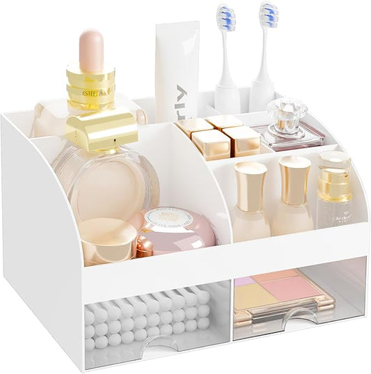 Makeup Organizer with 2 Drawers, Cosmetic Storage for Dresser Vanity and Bathroom Countertop,Make up organization and Skincare Storage with Beauty Brush Holder, Cosmetic Display Case (White)