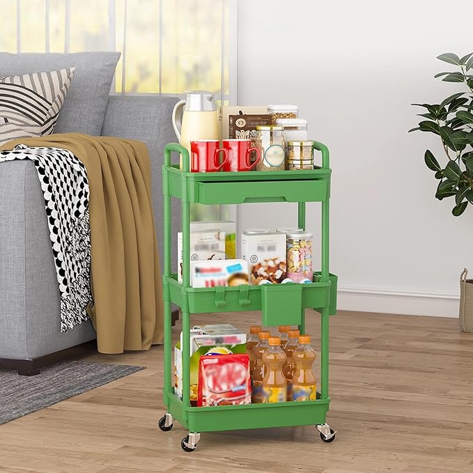 LLMRR 3 Tier Rolling Utility Cart with Drawer, Plastic Storage Organizer Rolling Carts with Wheels Handles Hanging Cups Hooks for Office, Bathroom, Kitchen,Craft Art Room (Green)