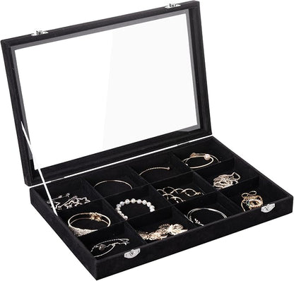Frebeauty Velvet Jewelry Tray,12 Grid Jewelry Organizer with Clear Lid,Bracelets Holder,Jewelry Display Case with Clasp,Drawer Insert Bangle Brooch,13.8 x 9.5 x 2 Inches,Gift for Women Girls(Black)