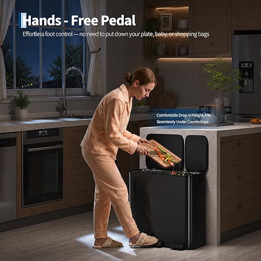 Dual Kitchen Trash Can 13.2 + 5.2 Gal (50+20L) Stainless Steel Trash Cans with Soft Close Lid Large Double Garbage and Recycling Bin with 2 Removable Inner Buckets Step-on Metal Garbage Cans Silver