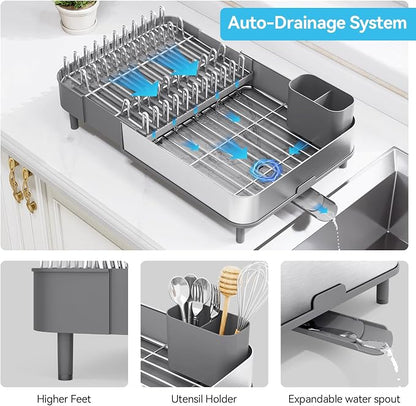 Urackify Dish Drying Rack - Dish Drainer for Kitchen Counter, Stainless Steel Dish Rack with Swivel Draining Spout & Drain Board, Expandable Space-Saving Kitchen Dish Organizer for 3-4 People, Grey