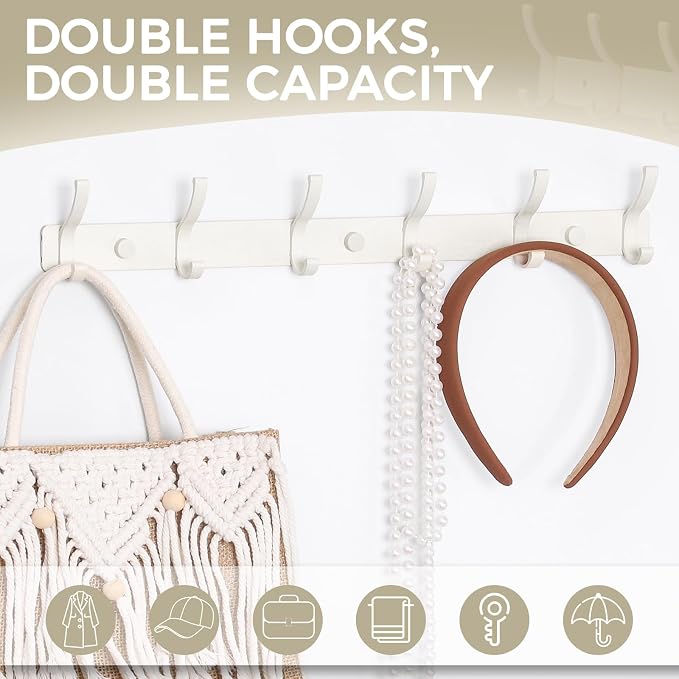 Dntorx Coat Rack Wall Mount, 1 Pack Coat Hooks Hanger Wall Double Hook Rack Rail Towel Hat Rack Entryway Bathroom Hanger Organizer for Robes, Clothes, Bags, Hat(White)