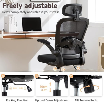 Ergonomic Office Chair with 3D Adjustable Lumbar Support, Mesh High Back, 75° Rotating Headrest, Rocking Function, 300lbs Capacity, Black/White (Black)
