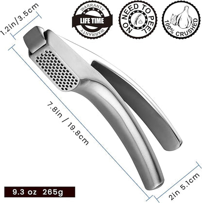 Lifetime Replacement Garlic Press Stainless Steel No Need to Peel, Detachable Handle for Fine Mincing-Premium Garlic Mincer Tool, Rust-Proof, Easy to Clean, Dishwasher Safe Garlic Crusher