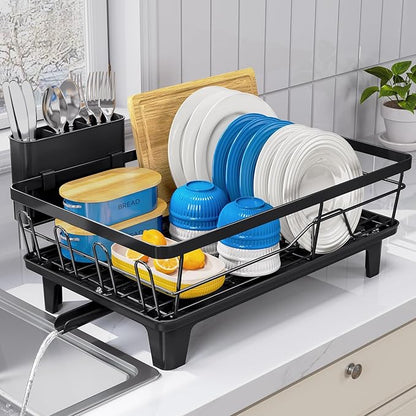 Dish Drainers for Kitchen Counter - Large Capacity Dish Drying Rack with Drainboard, Rustproof & Sturdy Design, Black Dish Rack Perfect for Plates, Cups & Kitchen Countertop Organization