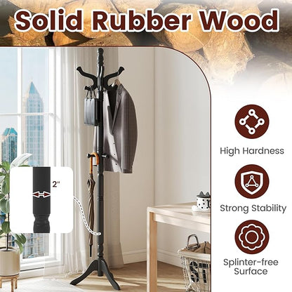 Giantex Solid Wood Coat Rack, Freestanding Hall Tree with 3 Adjustable Heights and 11 Hooks, Rubber Wood Frame, Entryway Hanger Stand, Wooden Garment Rack for Hallway, Living Room (Black)