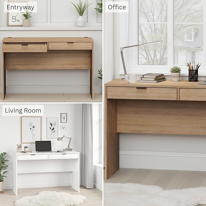 Prepac 46" Writing Desk – Computer Desk with 2 Drawers, Light Oak Office Desk for Home Office or Bedroom