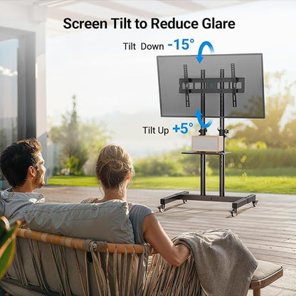 PERLESMITH Rolling TV Stand on Wheels for 32-83 Inch Screens up to 110lbs, Mobile TV Cart Height Adjustable Portable Outdoor TV Stand Tilt Rolling TV Cart with Shelf Max VESA 600x400mm PSTVMC03