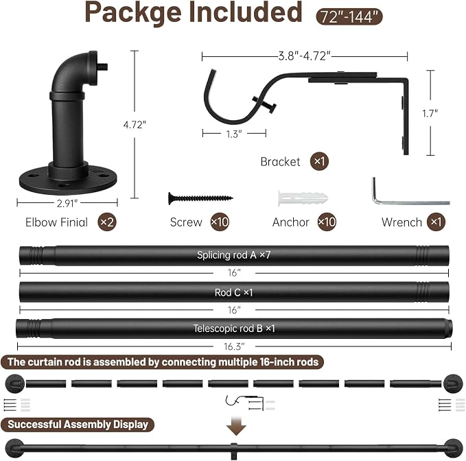 Zeerobee Curtain Rods for Windows 72 to 144, 1 Inch Industrial Wrap Around Black Curtain Rod, Indoor/Outdoor Room Divider Adjustable Drapery Pole, 72"-144"