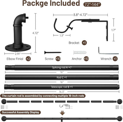Zeerobee Curtain Rods for Windows 72 to 144, 1 Inch Industrial Wrap Around Black Curtain Rod, Indoor/Outdoor Room Divider Adjustable Drapery Pole, 72"-144"