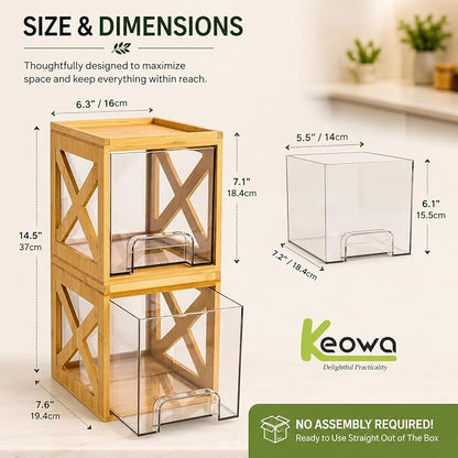 Stackable Bamboo Snack Drawer Organizer (2 Pack) – Pull-Out Storage Bins with Clear Acrylic Drawers – Pantry Storage for Snacks, Coffee Pods, Spices & K-Cups