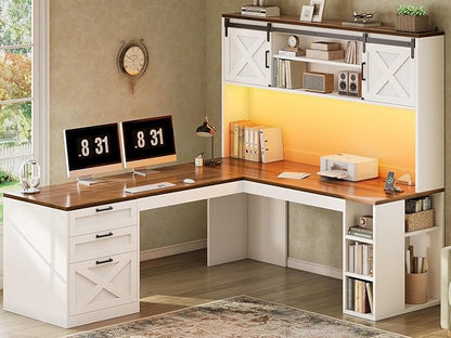 SEDETA 67" Farmhouse L Shaped Desk with Hutch, Home Office Desks with Drawers & Sliding Doors, Corner Computer Desk with Storage Shelves & Power Outlets, Executive Desk with LED Lights, White