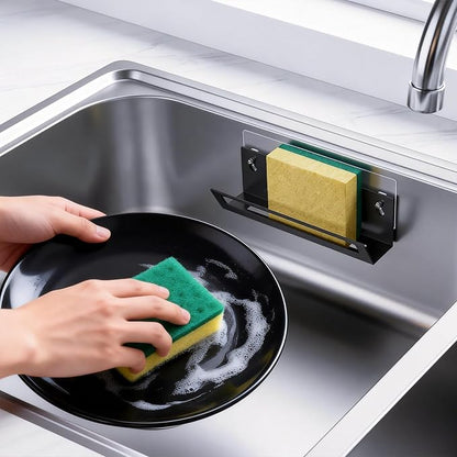 Sponge Holder for Kitchen Sink with Suction Cups & Adhesive Hook, Rustproof In-sink Sponge Holder, Space-saving Wall Hanging Sink Caddy Organizer Rack - Sponge, Dish Cloth, Brush-Stainless Steel