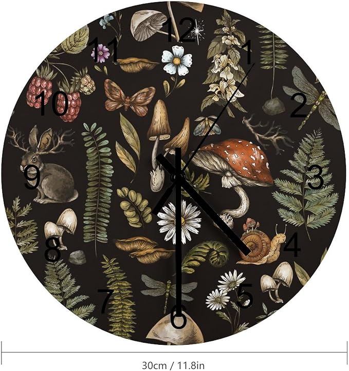 Botanical Wall Clock, Vintage Plant Botanical Cartoon Mushroom Flower Round Clocks Wall Decor Silent No Ticking 12 Inch Wooden Clock for Bedroom Living Room Home Office