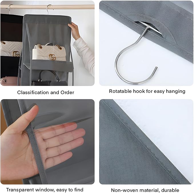 Purse organizer for closet black 8 Pocket Hanging Wallet Handbag Organizer 360° Rotatable Metal Hook Closet Organizers and Storage Gray